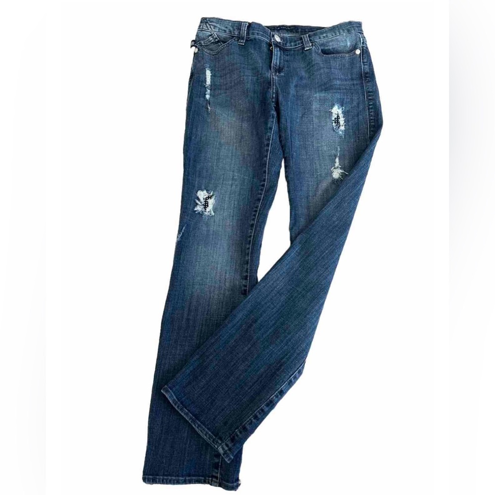 Rock & Republic BERLIN Distressed Denim Jeans Blue Rhinestones Size 12 34x31